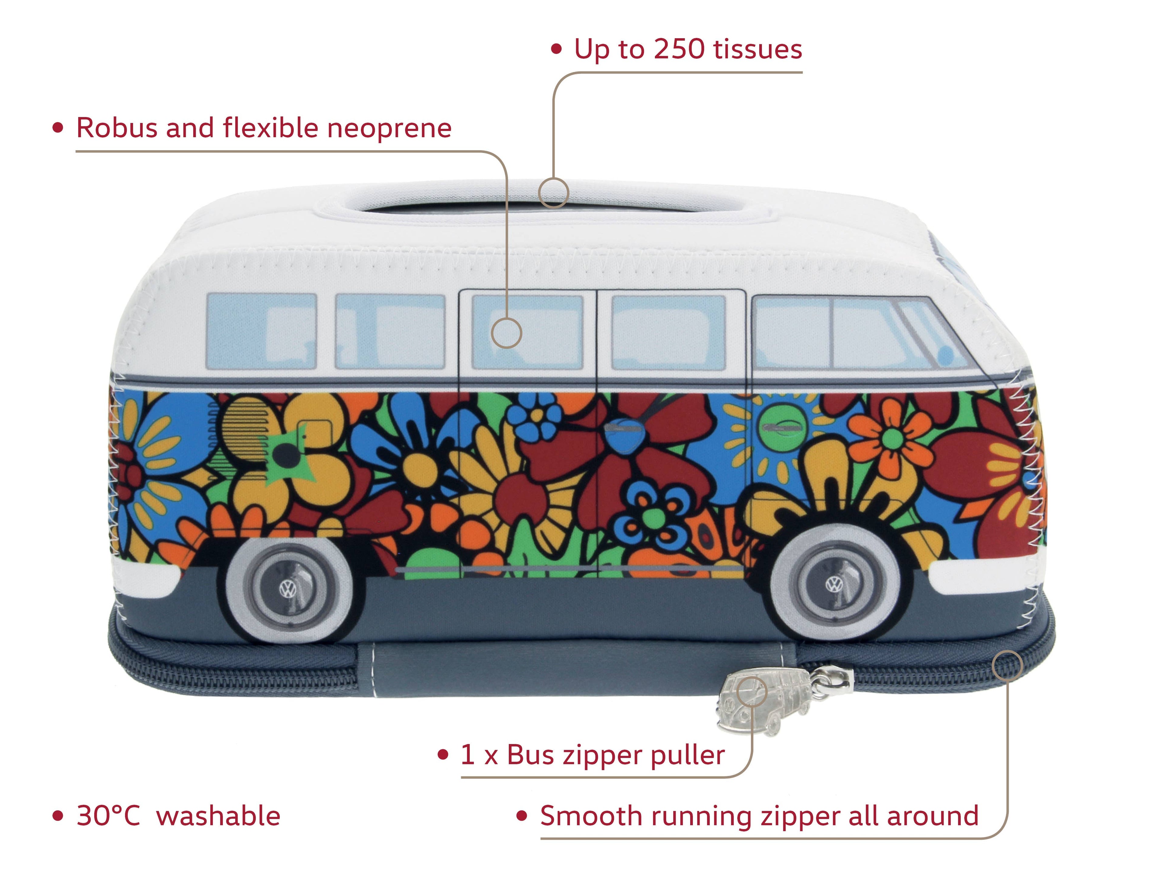Distributeur de mouchoirs en forme de VW T1 Bus - Motif fleurs