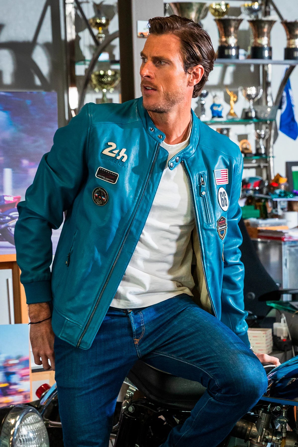 Blouson en cuir 24H Le Mans Pierre bleu mallard Homme