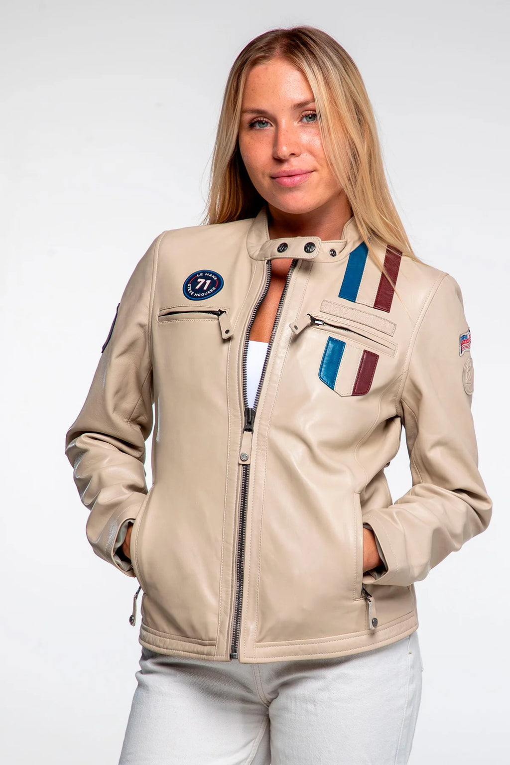 Blouson en cuir Steve McQueen x Le Mans Amber écru Femme