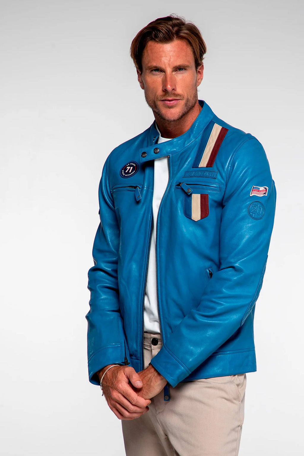 Blouson en cuir Steve McQueen x Le Mans Austin bleu capitaine Homme