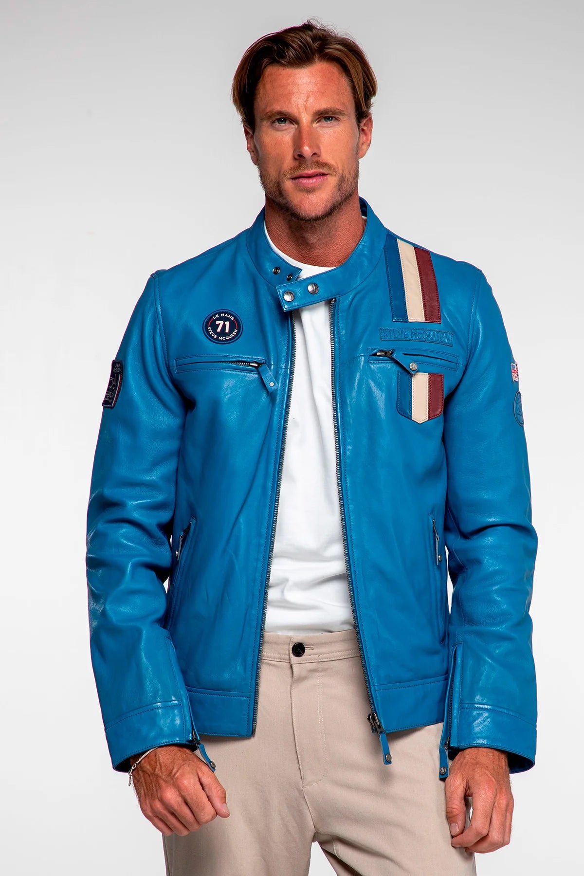 Blouson en cuir Steve McQueen x Le Mans Austin bleu capitaine Homme