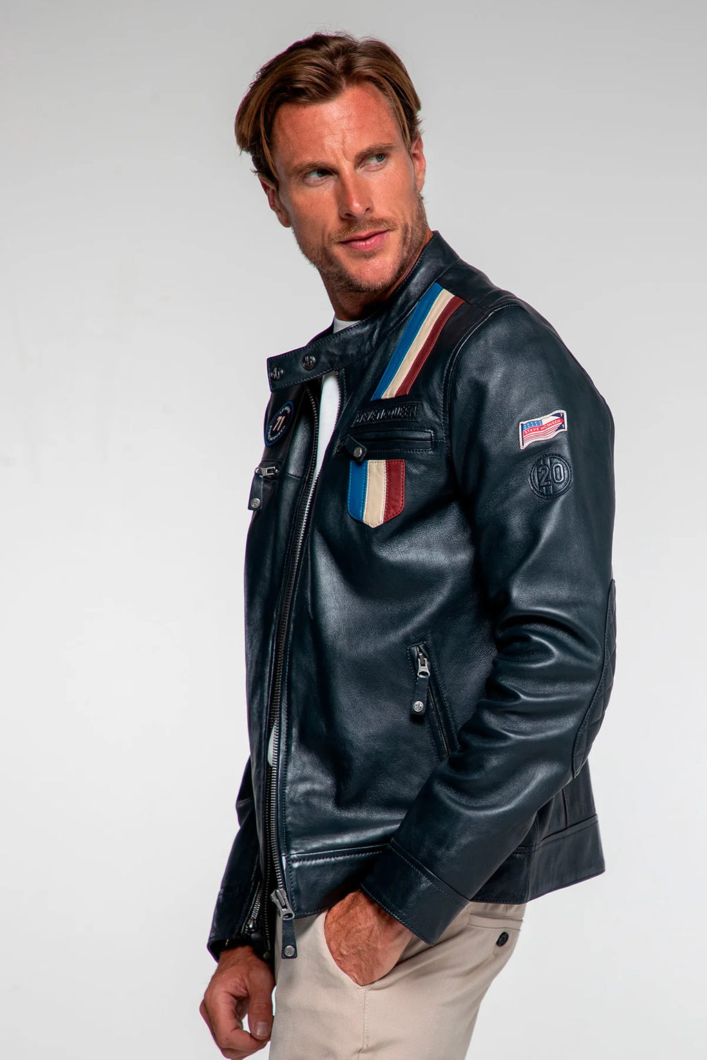 Blouson en cuir Steve McQueen x Le Mans Austin bleu marine Homme