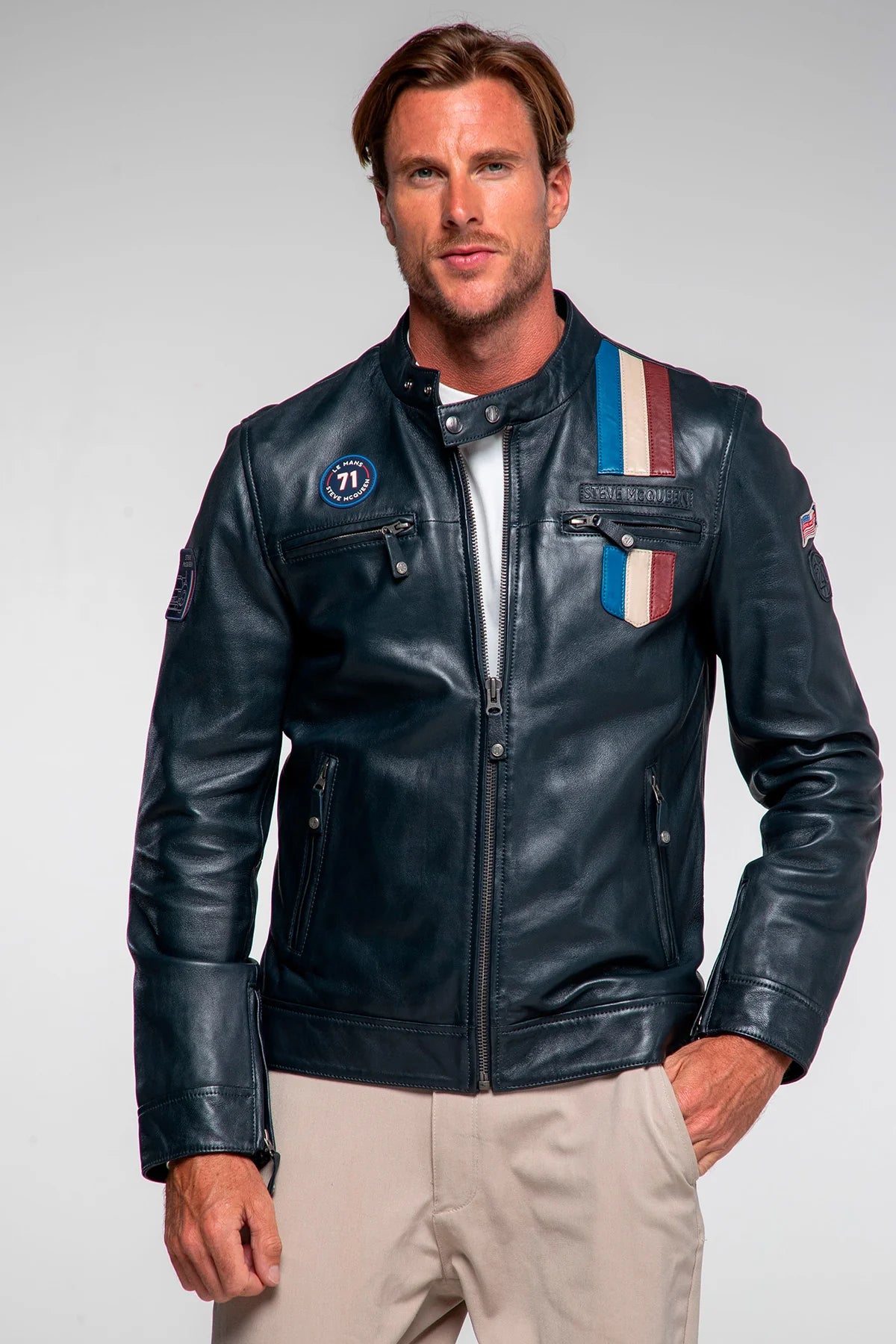 Blouson en cuir Steve McQueen x Le Mans Austin bleu marine Homme