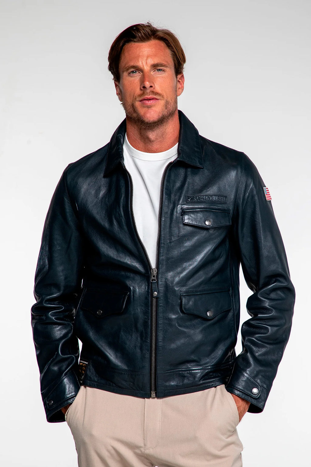 Blouson en cuir Steve McQueen x Le Mans Bullit bleu royal Homme