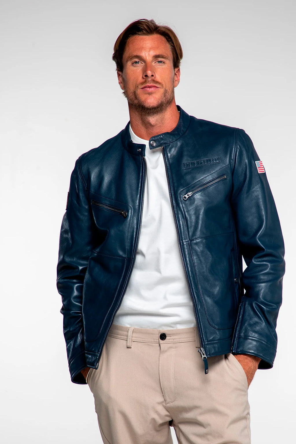 Blouson en cuir Steve McQueen x Le Mans Cincinnati bleu royal Homme