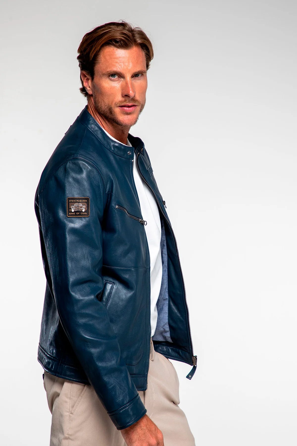 Blouson en cuir Steve McQueen x Le Mans Cincinnati bleu royal Homme