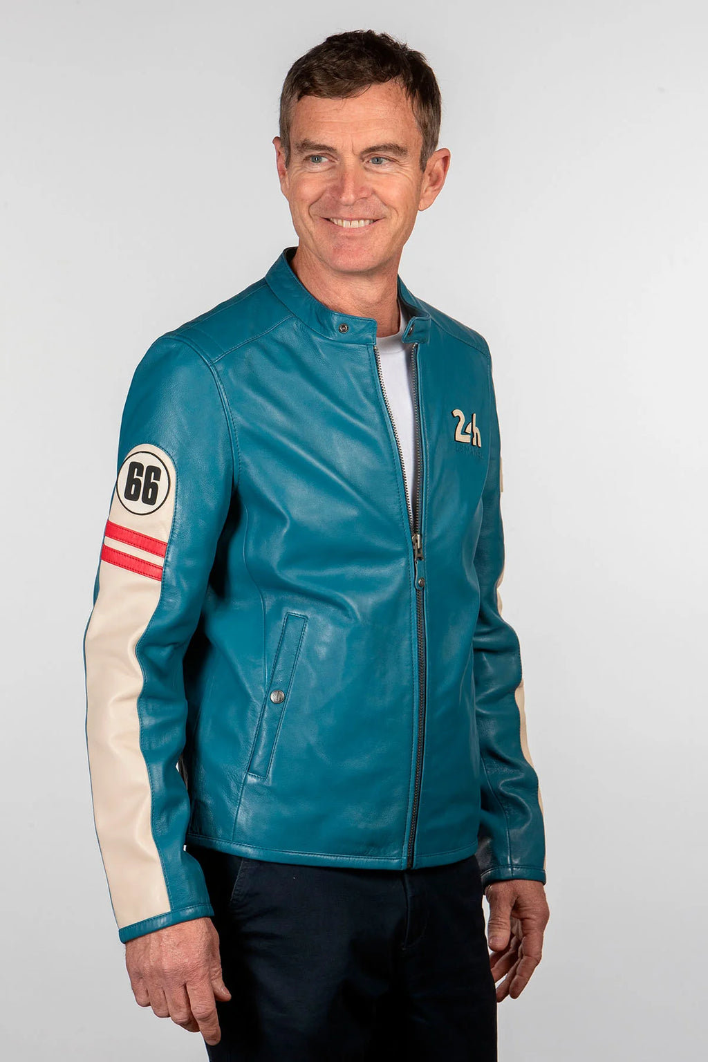 Blouson en cuir 24H Le Mans Colin bleu mallard Homme