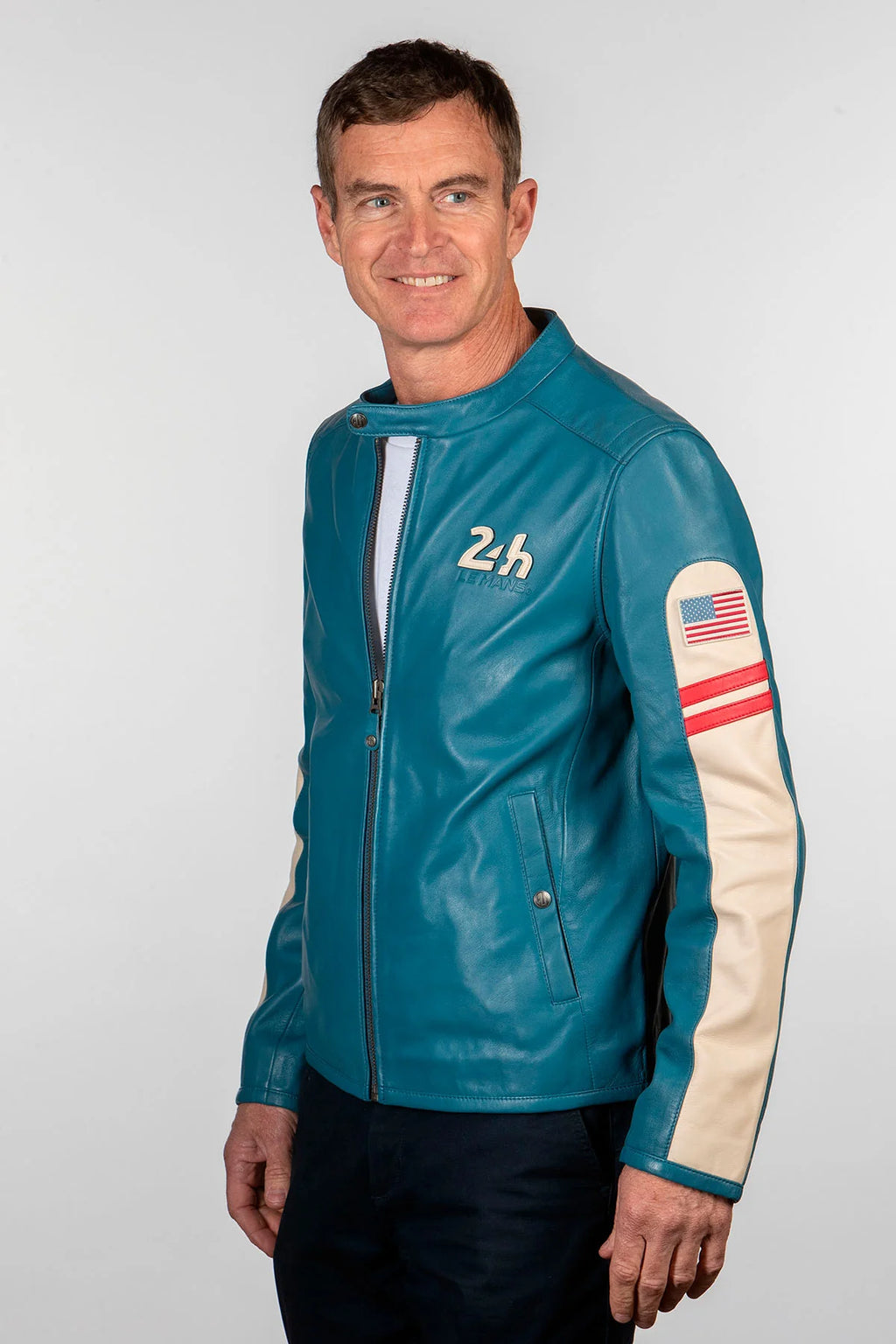 Blouson en cuir 24H Le Mans Colin bleu mallard Homme