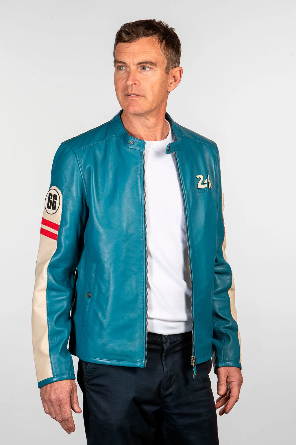 Blouson en cuir 24H Le Mans Colin bleu mallard Homme