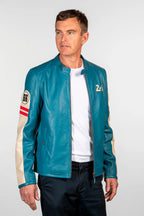 Blouson en cuir 24H Le Mans Colin bleu mallard Homme