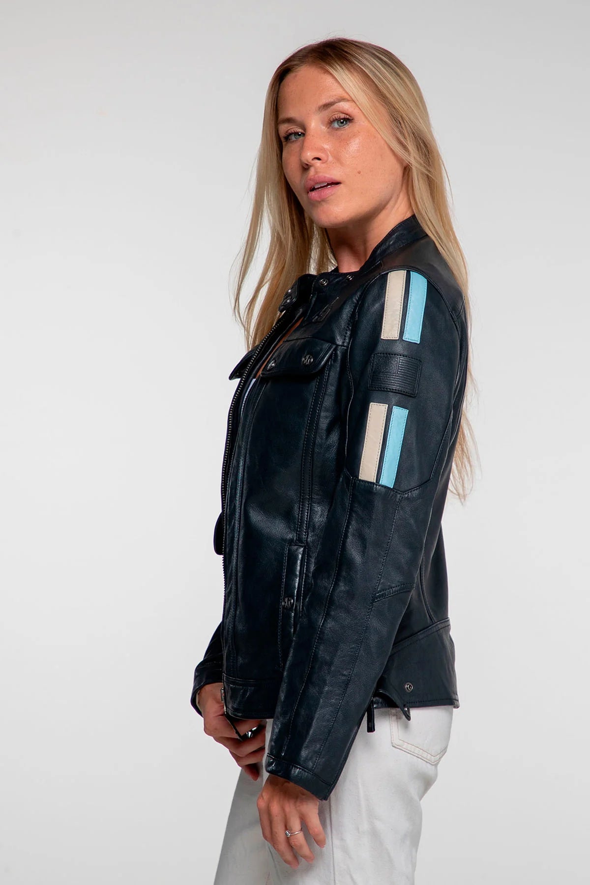Blouson en cuir 24H Le Mans Hill bleu marine Femme