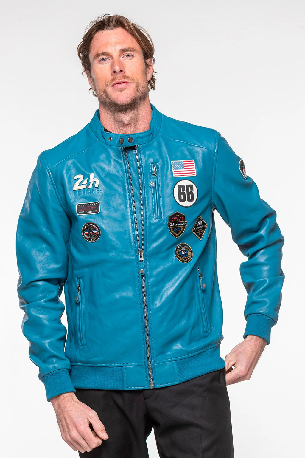 Blouson en cuir 24H Le Mans Pierre bleu mallard 2 Homme