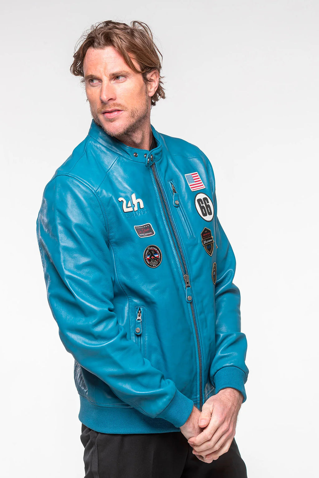Blouson en cuir 24H Le Mans Pierre bleu mallard 2 Homme