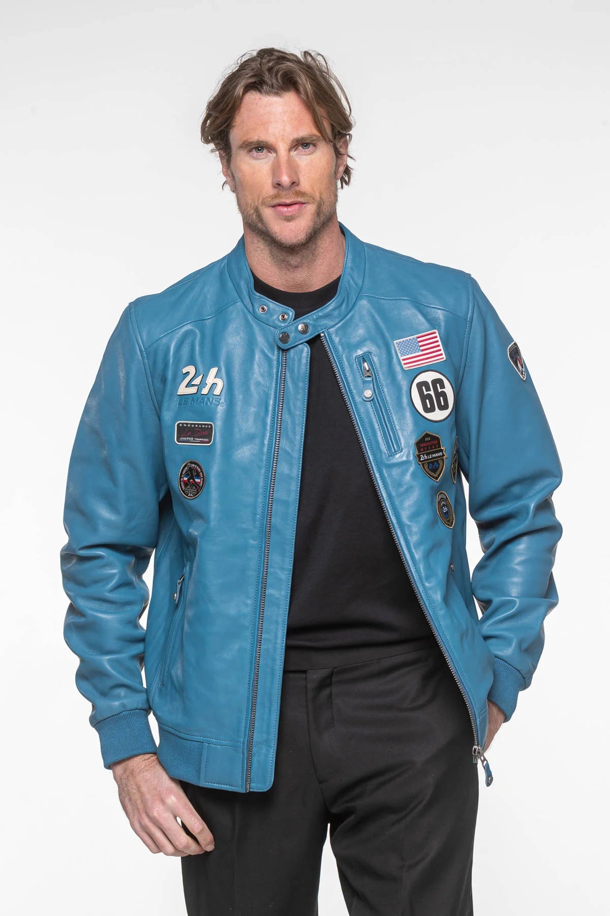 Blouson en cuir 24H Le Mans Pierre bleu mallard Homme