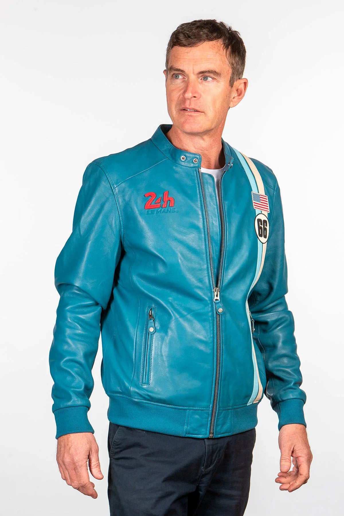 Blouson en cuir 24H Le Mans Richard bleu mallard Homme