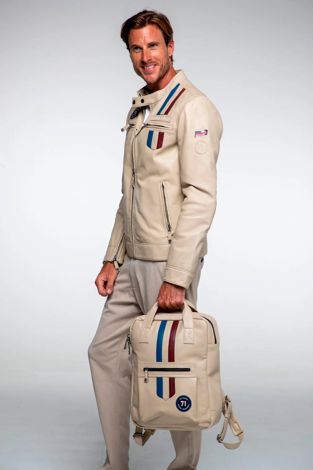 Sac à dos en cuir Steve McQueen x Le Mans Texas Backpack écru
