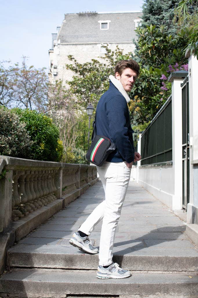 Besace bandoulière homme e2r en tissu noir et cuir upcyclés
