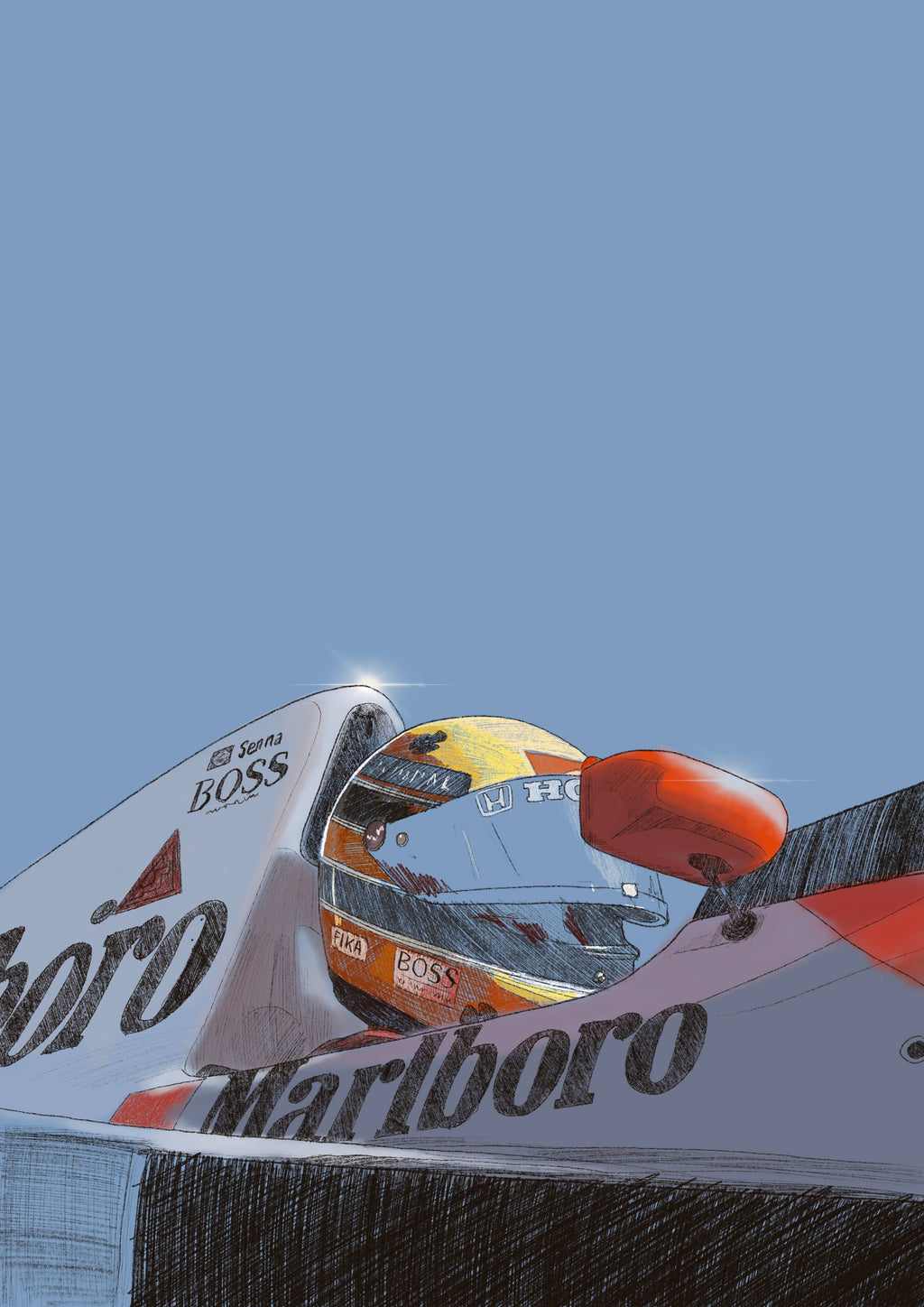 Illustration d'Artiste Javier Peña Limitée 50 Ex Numérotée 30X40cm « Ayrton Senna Marlboro F1"