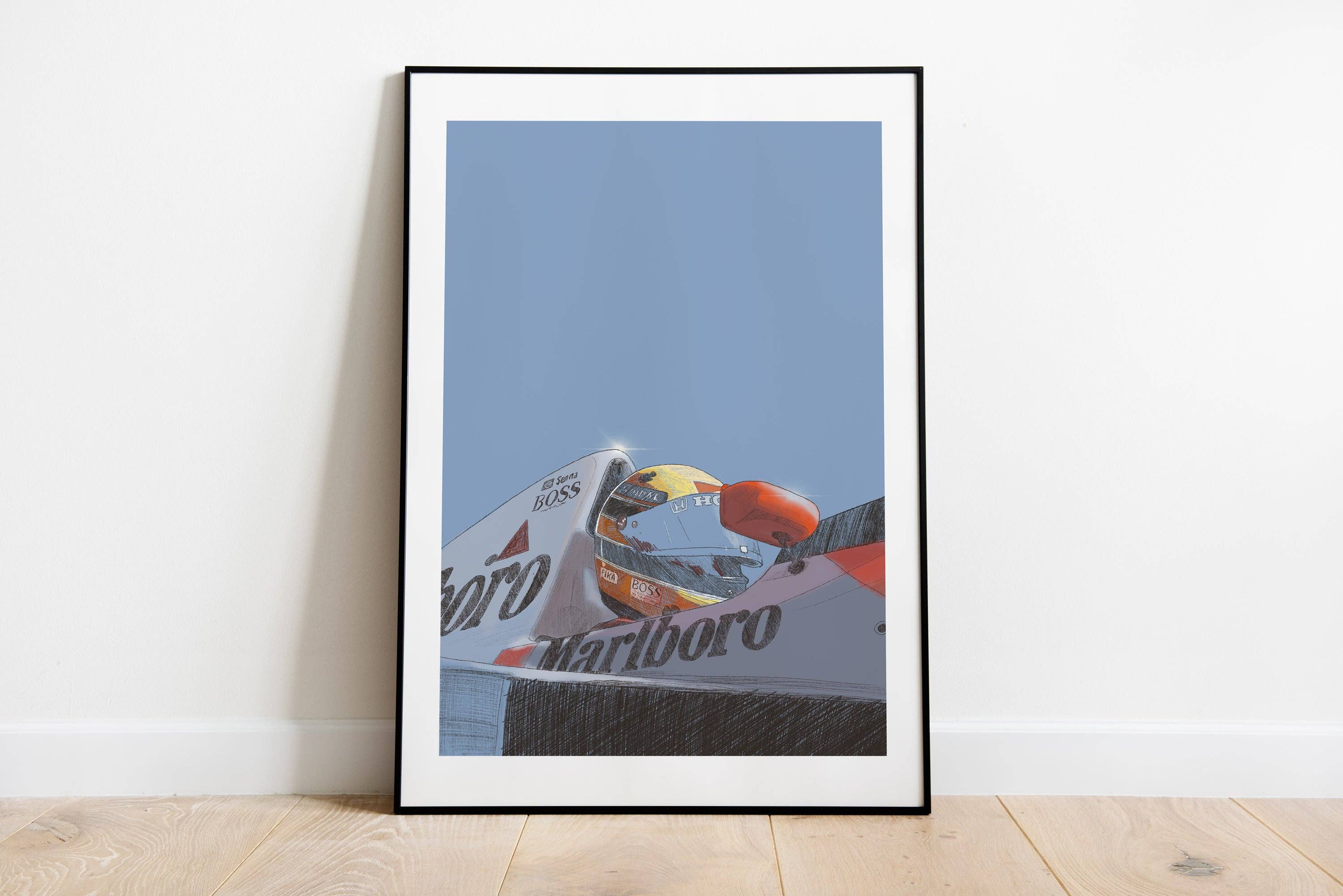 Illustration d'Artiste Javier Peña Limitée 50 Ex Numérotée 30X40cm « Ayrton Senna Marlboro F1"